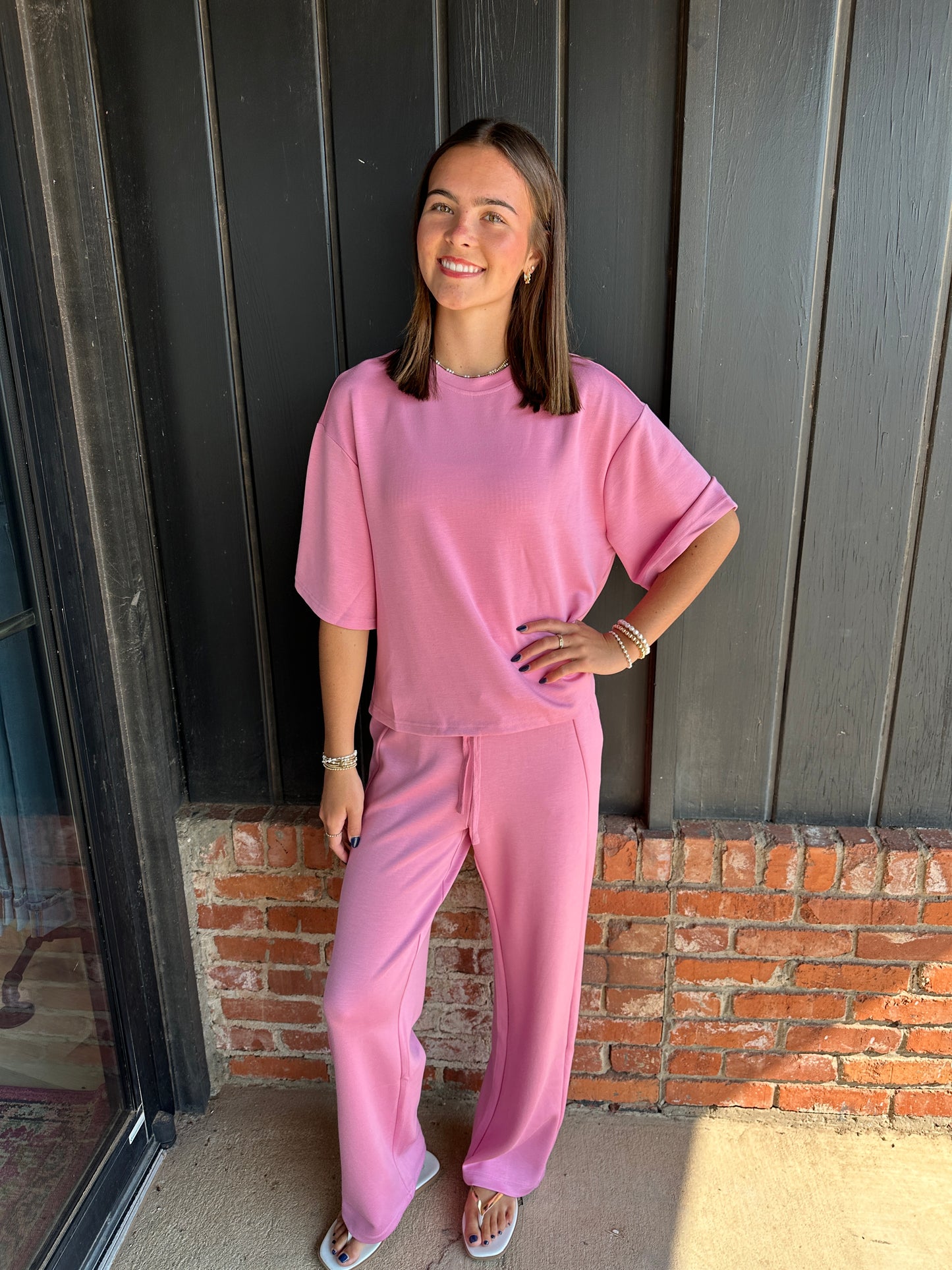 Pink Loose Fit Crew Neck Short Sleeve Top