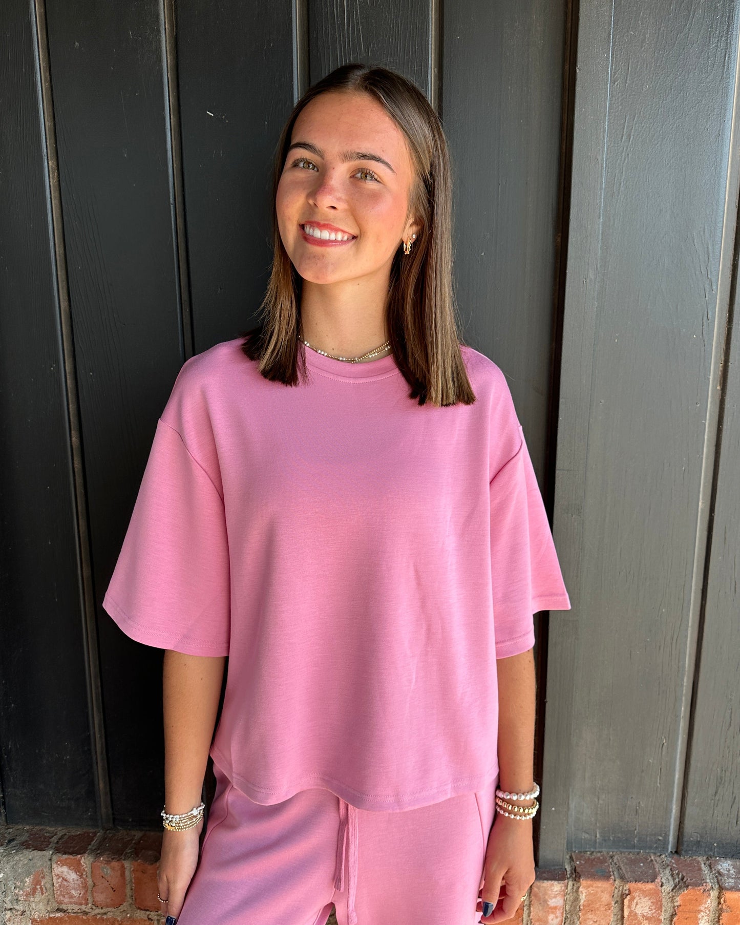 Pink Loose Fit Crew Neck Short Sleeve Top