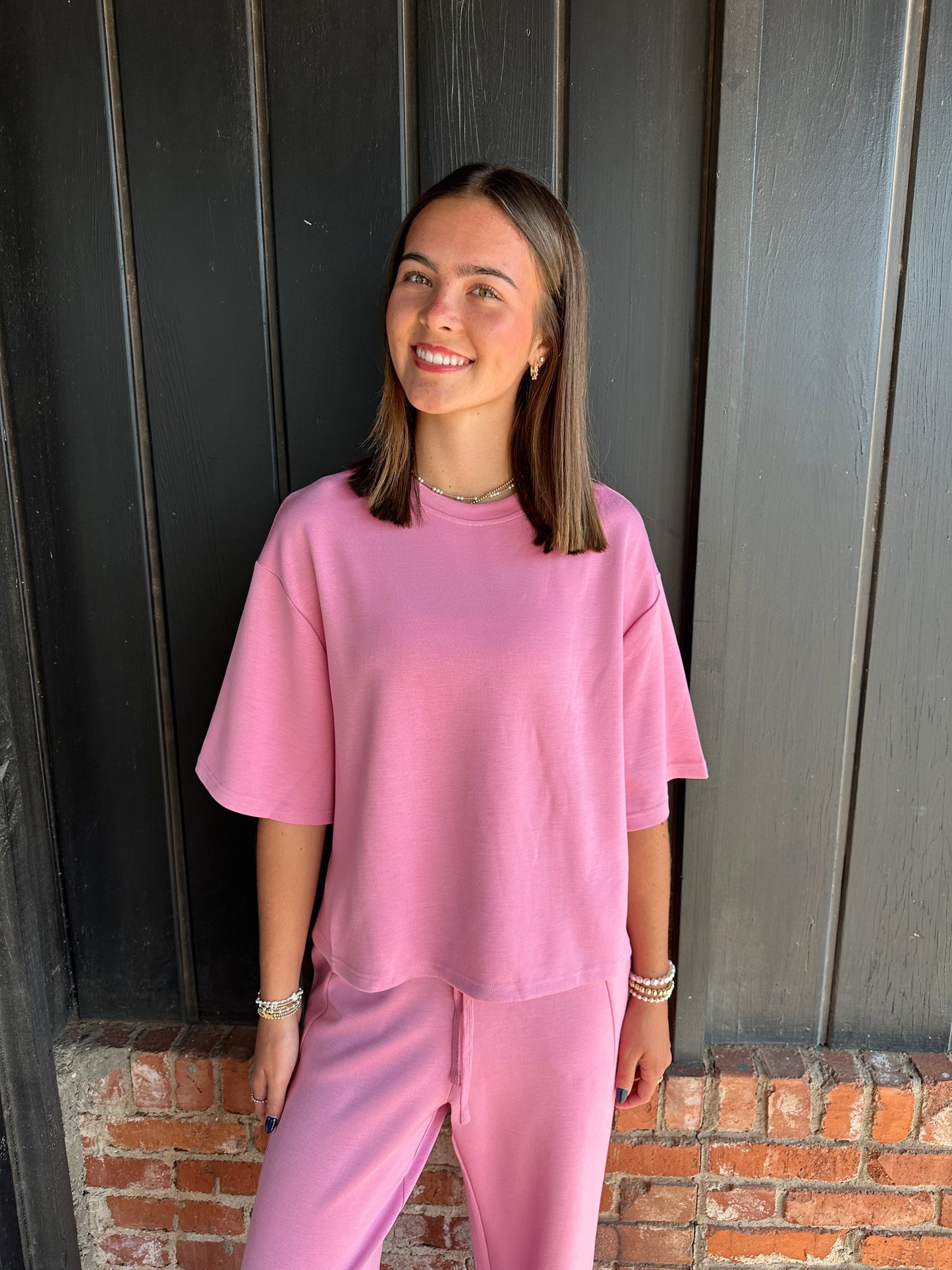 Pink Loose Fit Crew Neck Short Sleeve Top