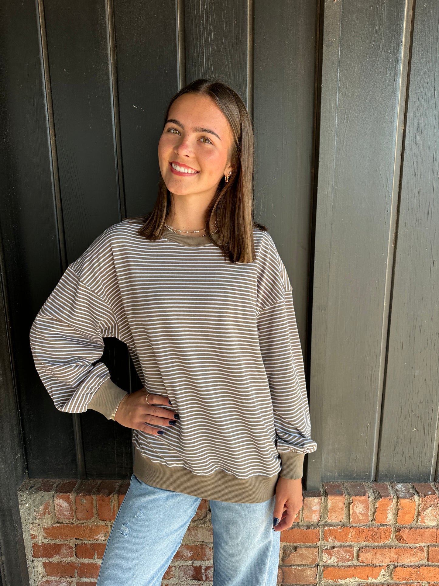 Truffle Coastal Striped Crewneck Sweatshirt