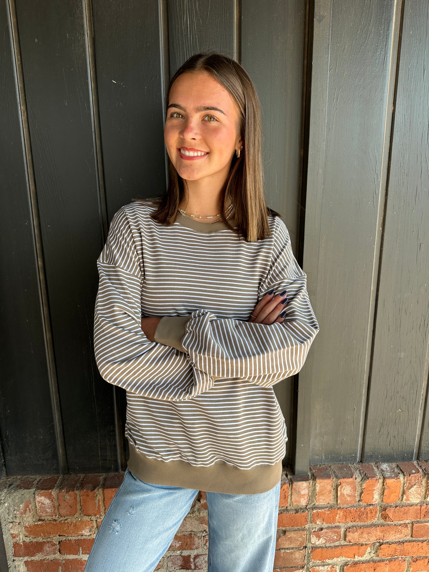 Truffle Coastal Striped Crewneck Sweatshirt