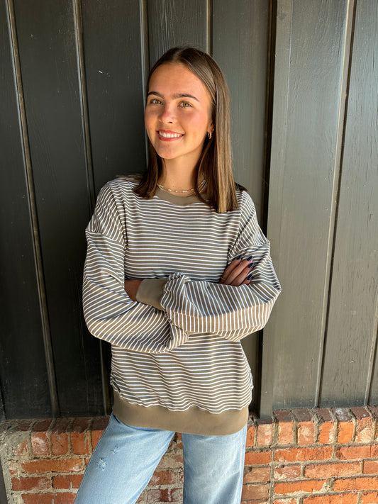 Truffle Coastal Striped Crewneck Sweatshirt