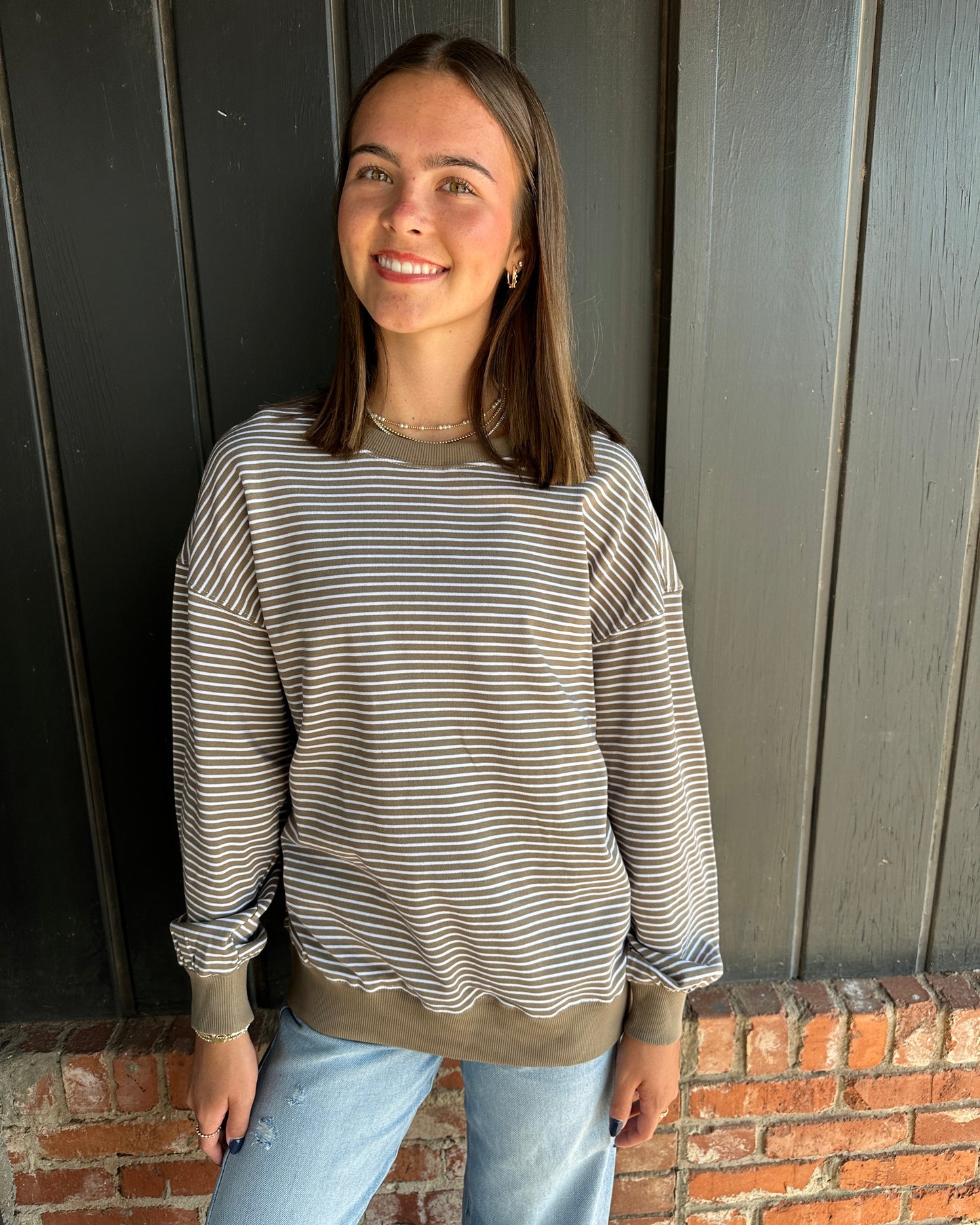 Truffle Coastal Striped Crewneck Sweatshirt