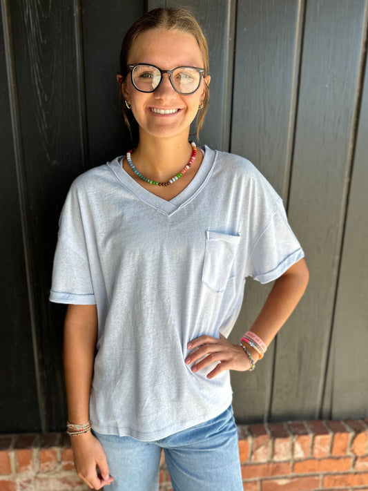 Sky Blue Oversized Cotton Knit Top with Raw Edge Detail