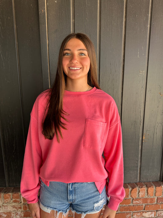 Taffy Pink Basic Crew Neck Single Pocket Pullover Sweatshirt