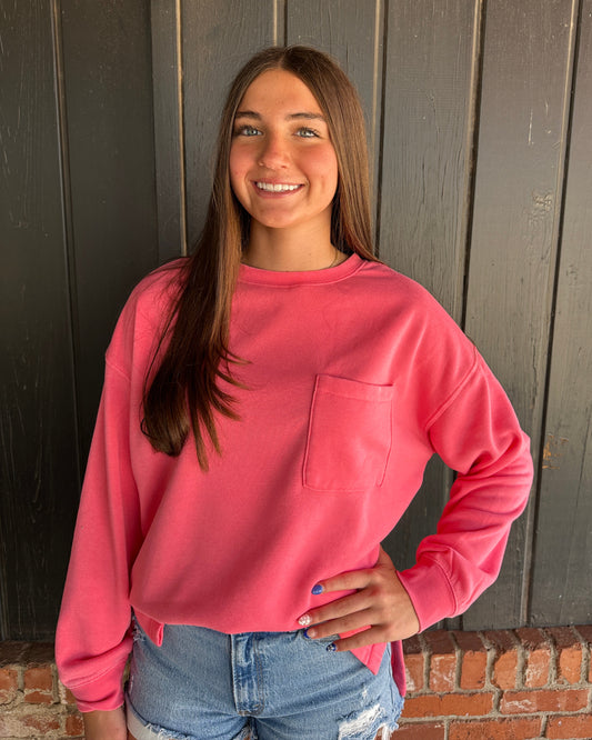 Taffy Pink Basic Crew Neck Single Pocket Pullover Sweatshirt