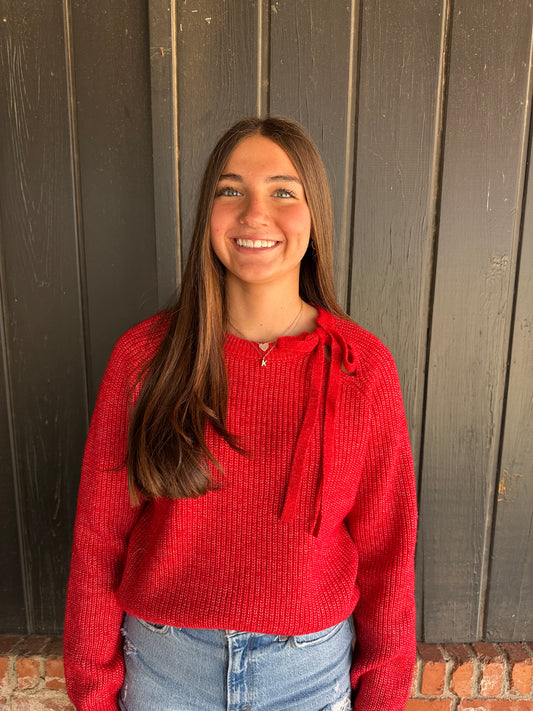 Red Cutout tie neck sweater