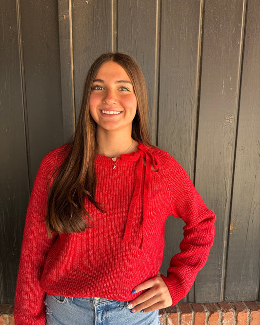 Red Cutout tie neck sweater