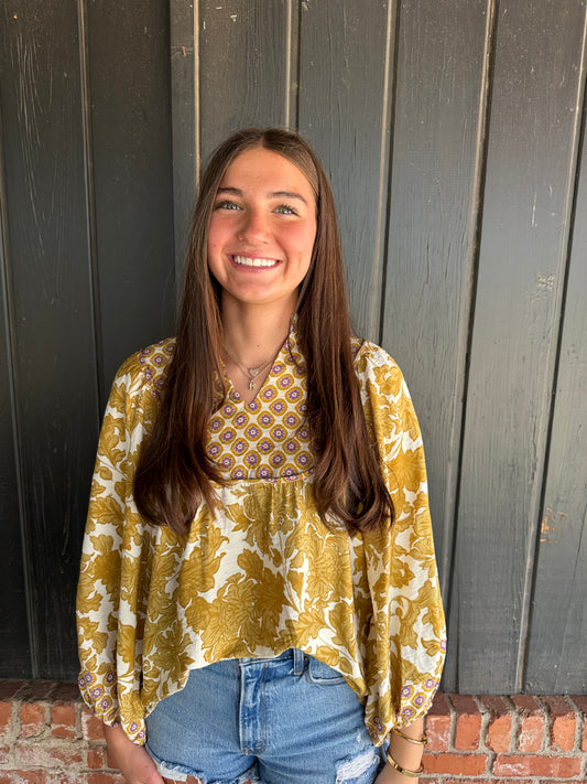 Mustard Mix Abstract Print Long sleeve top