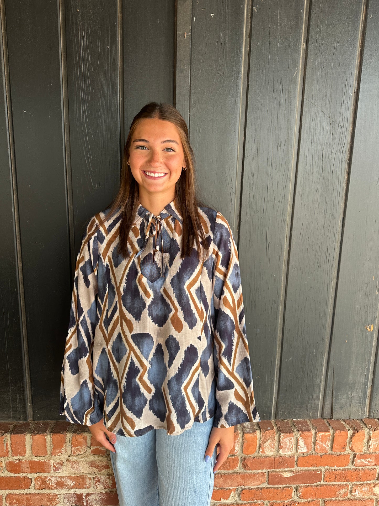 Navy Abstract Ikat Print Tie-Neck Blouse