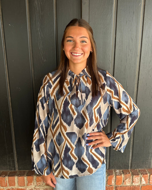 Navy Abstract Ikat Print Tie-Neck Blouse