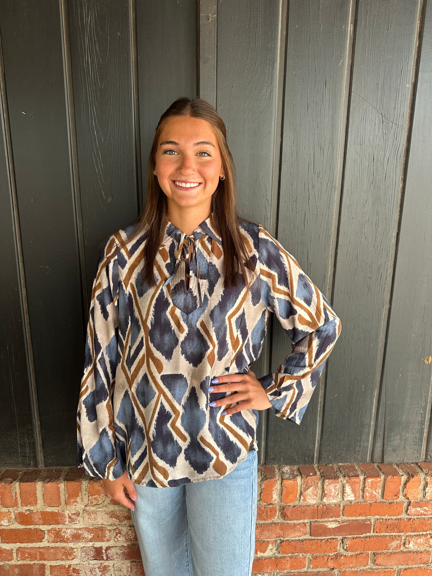 Navy Abstract Ikat Print Tie-Neck Blouse