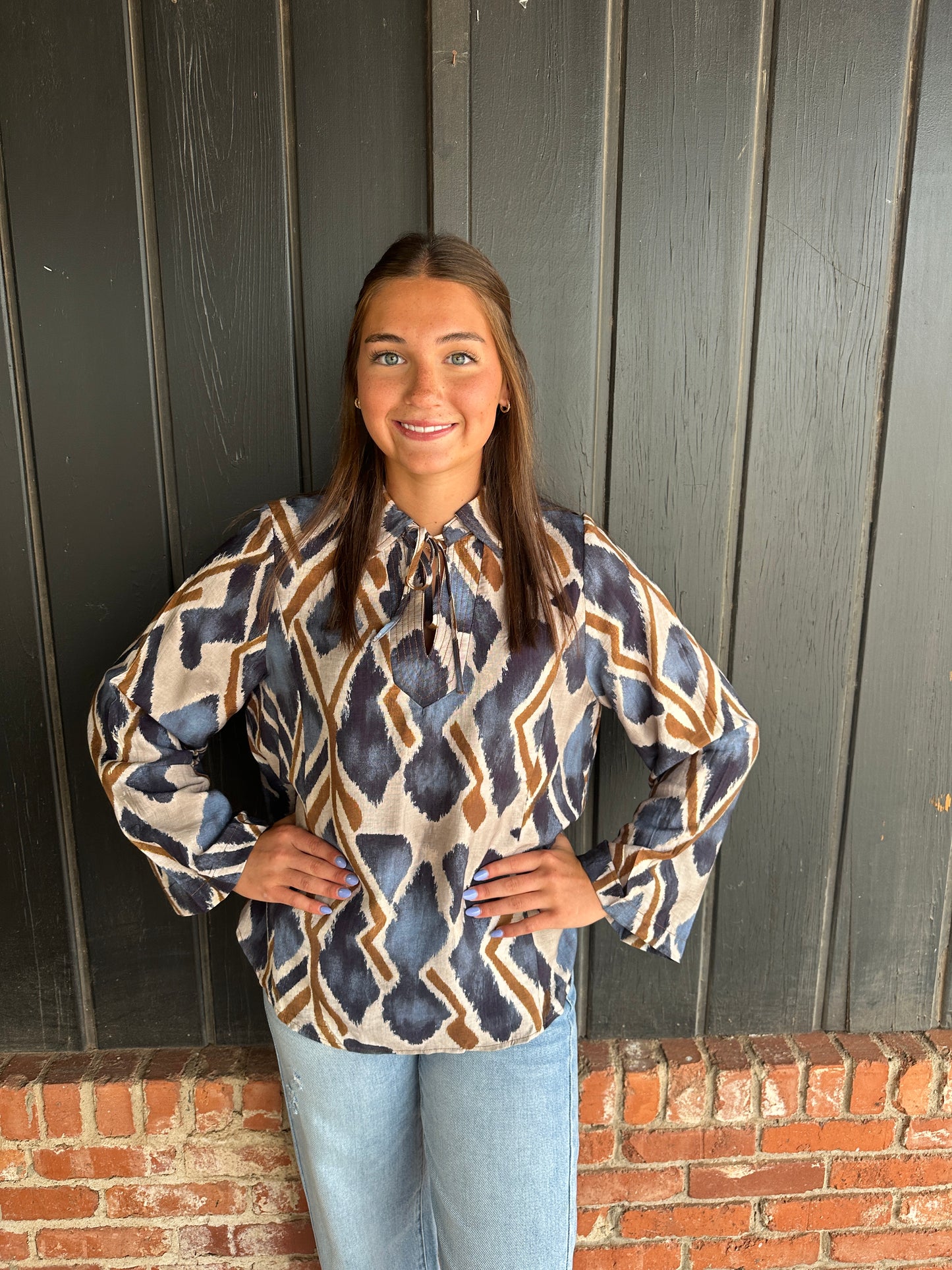Navy Abstract Ikat Print Tie-Neck Blouse