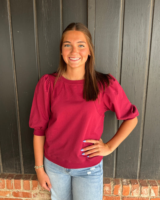 Wine Puff Sleeve Pullover Sweatshirt Top