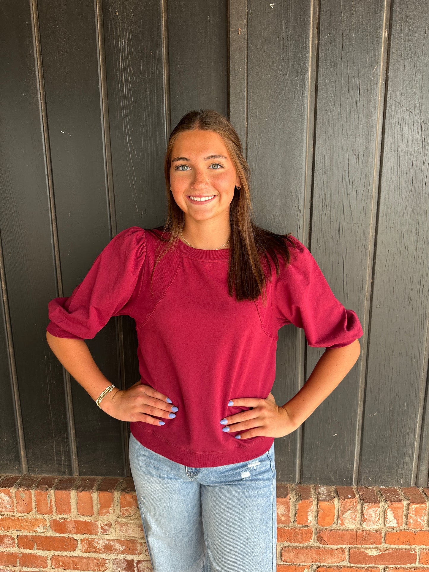 Wine Puff Sleeve Pullover Sweatshirt Top
