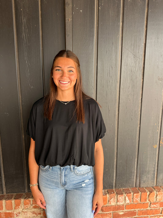 Black Double Lined Bubble Sleeve & Hem Top