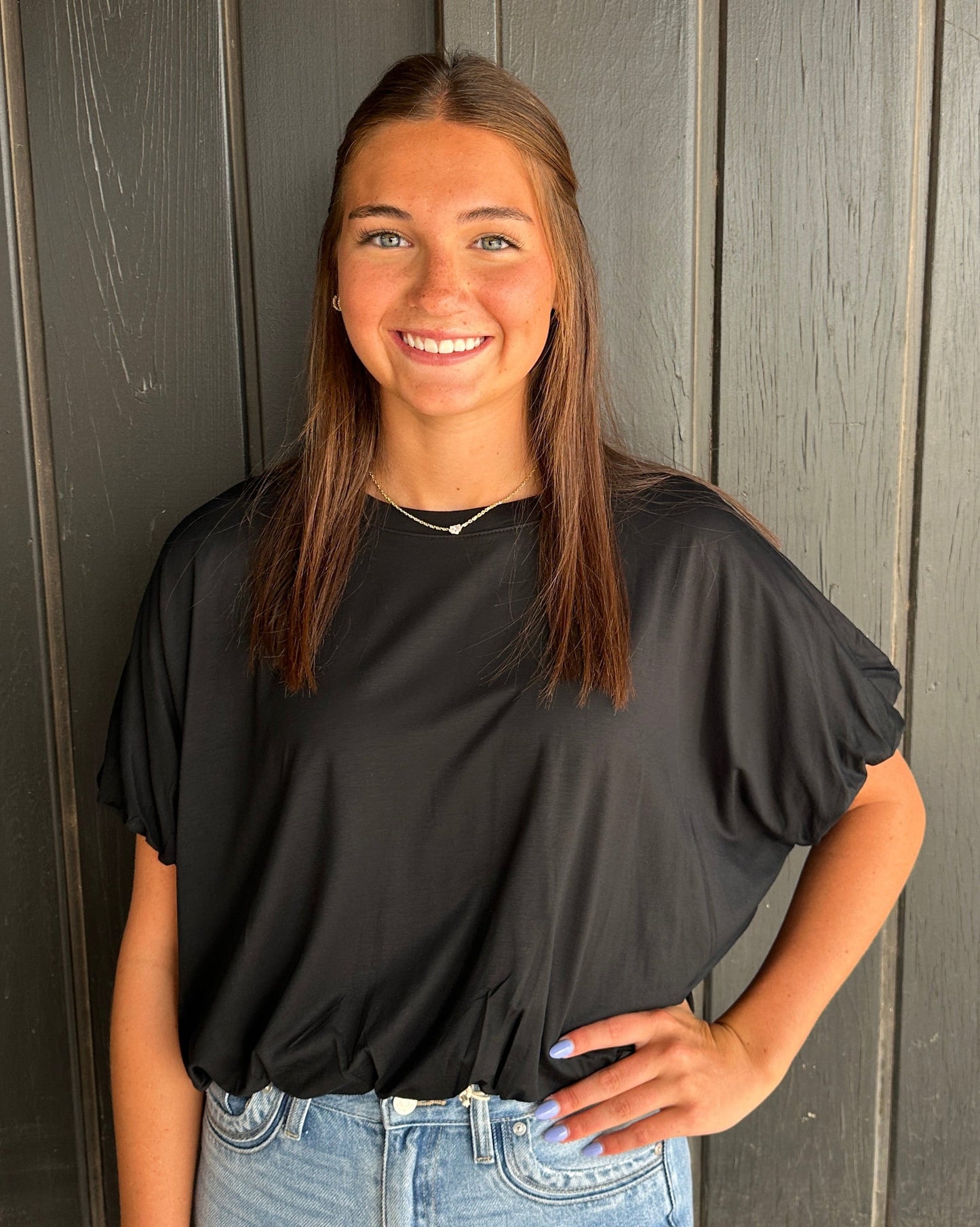 Black Double Lined Bubble Sleeve & Hem Top