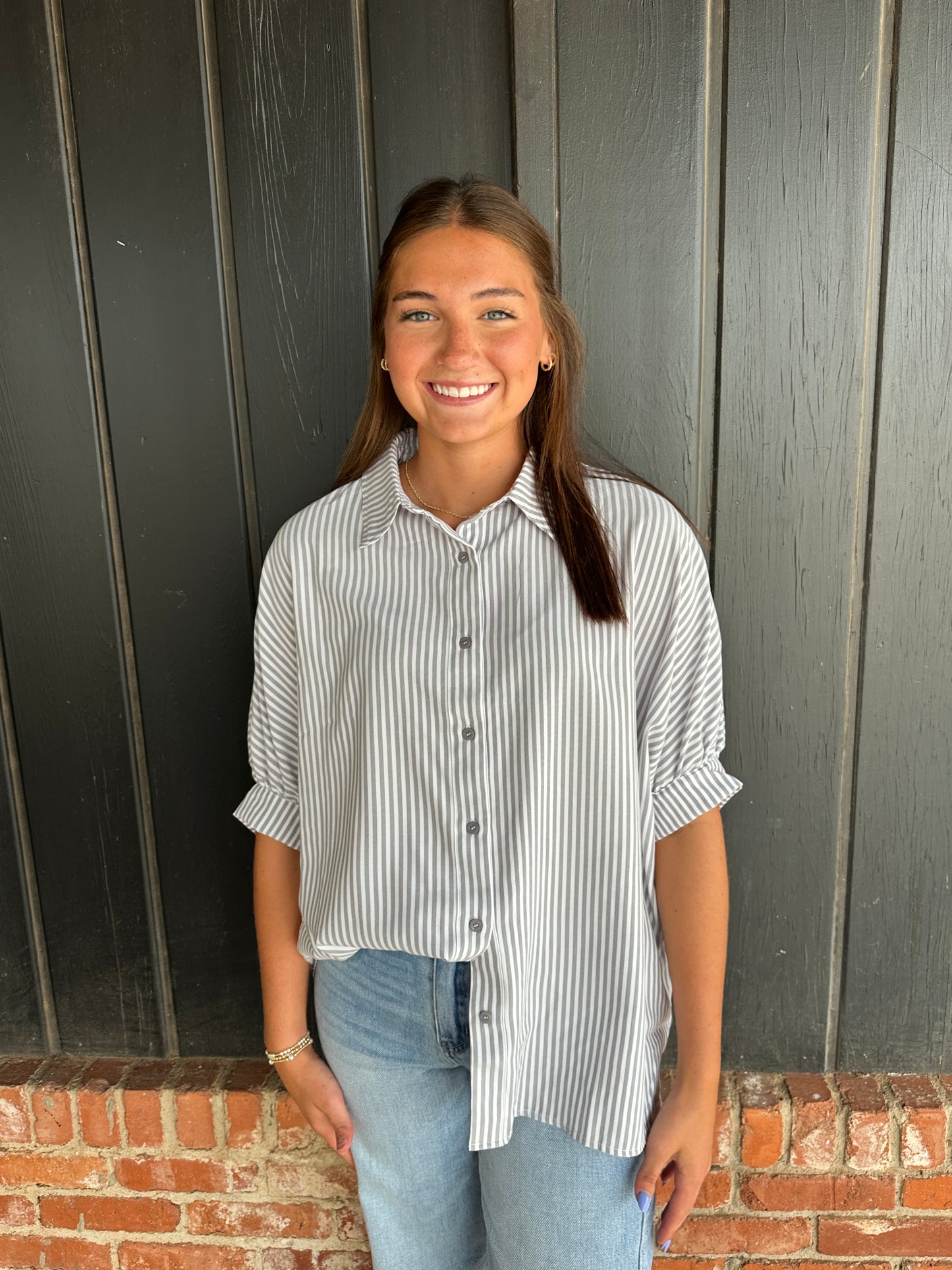 Gray Relaxed Striped 3/4 Sleeve Button Down Shirt Fall