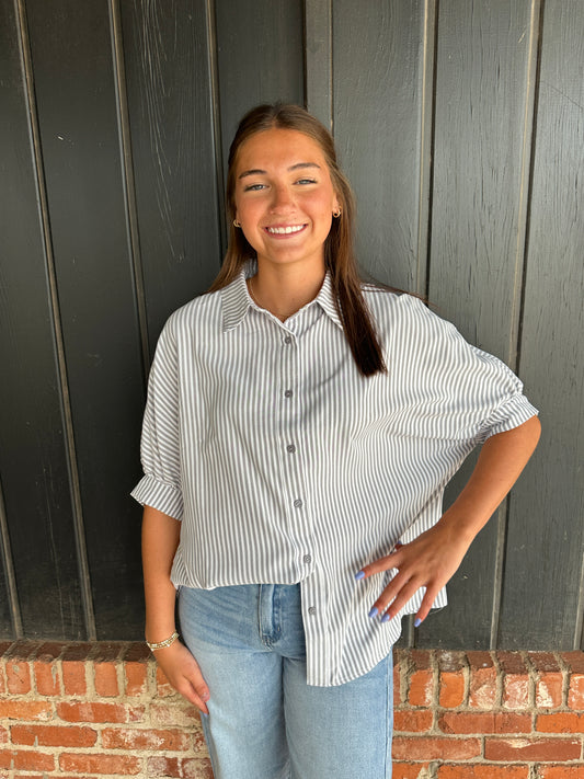 Gray Relaxed Striped 3/4 Sleeve Button Down Shirt Fall