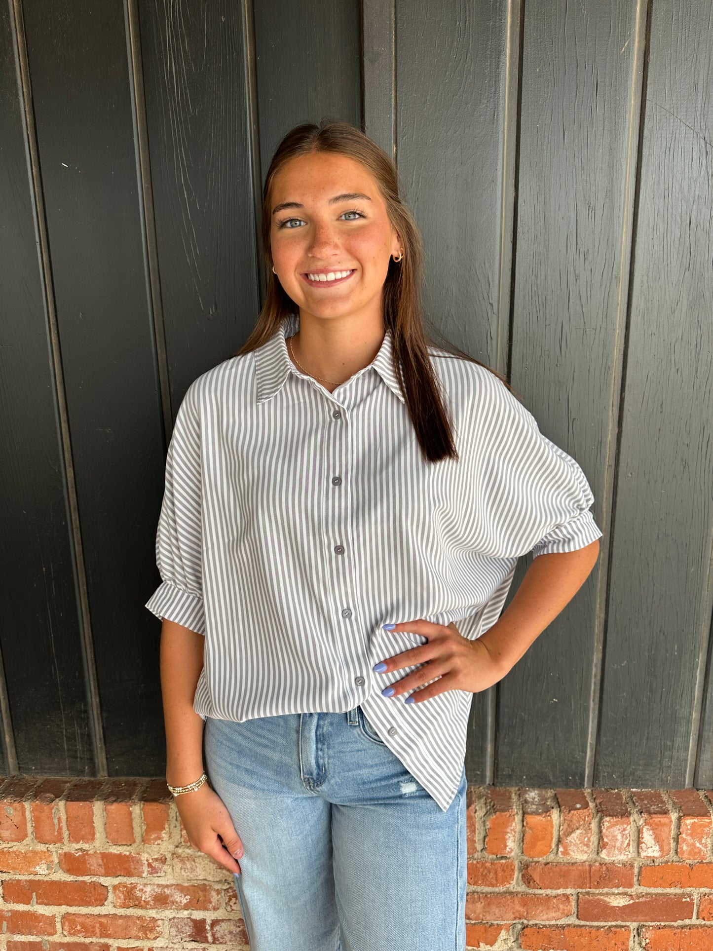 Gray Relaxed Striped 3/4 Sleeve Button Down Shirt Fall