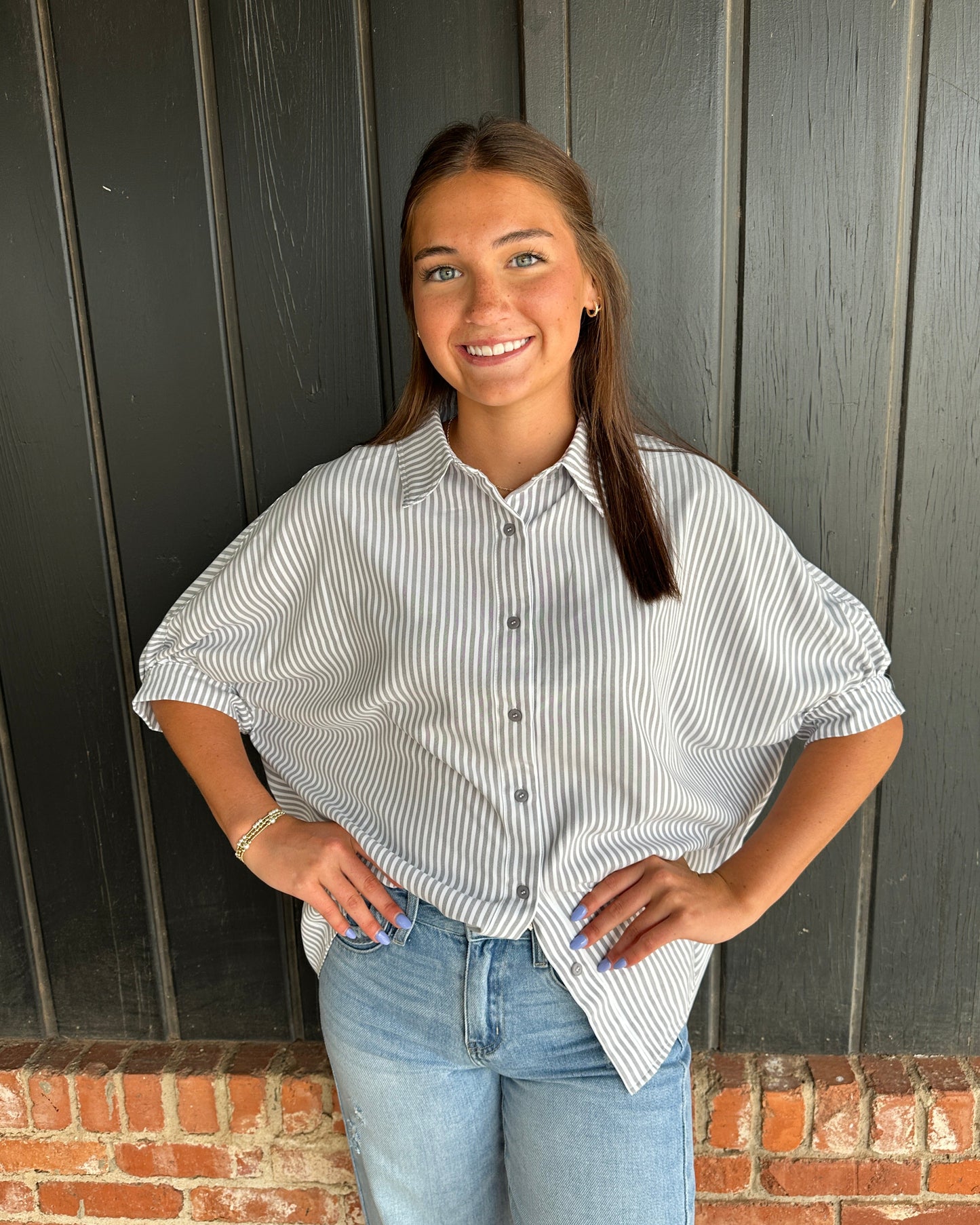 Gray Relaxed Striped 3/4 Sleeve Button Down Shirt Fall