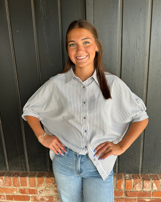 Gray Relaxed Striped 3/4 Sleeve Button Down Shirt Fall