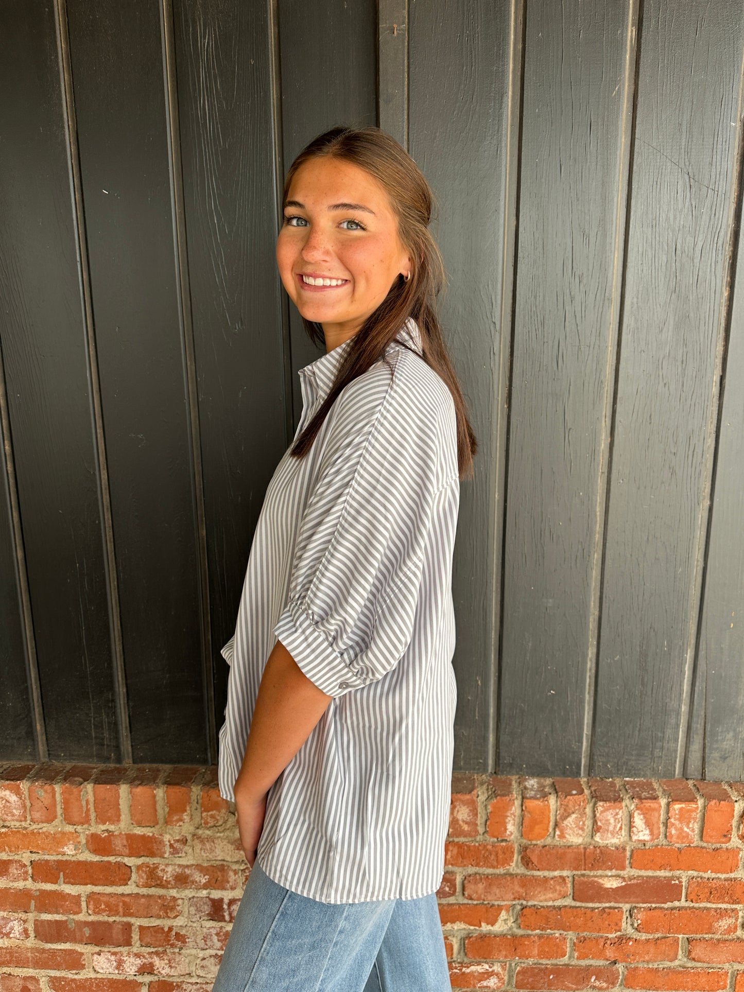 Gray Relaxed Striped 3/4 Sleeve Button Down Shirt Fall