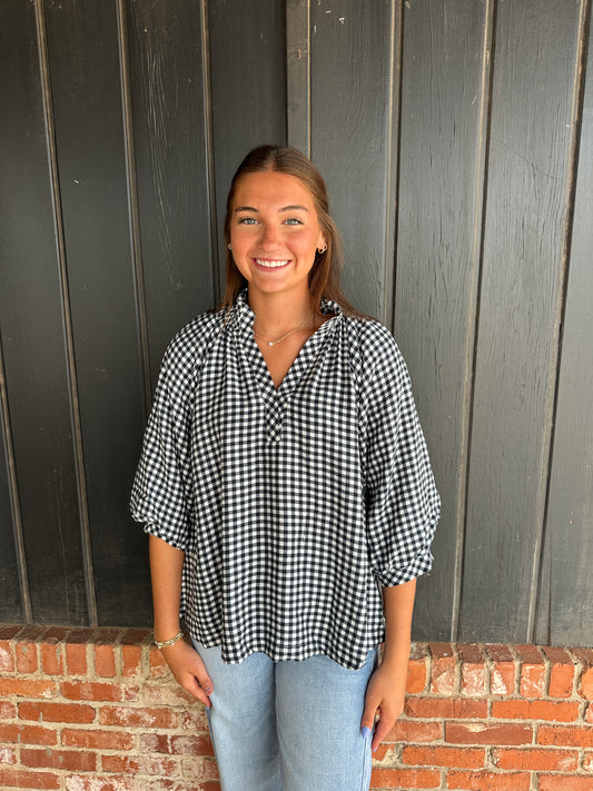 Black Gingham Check Puff Sleeve Blouse