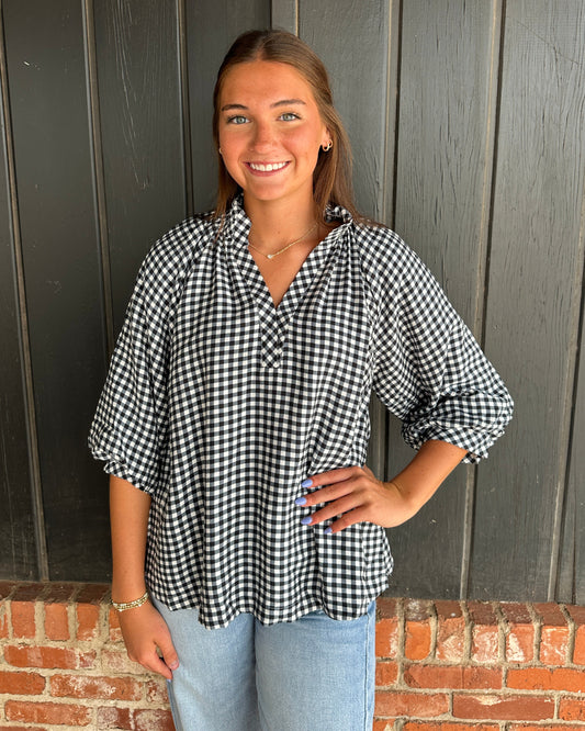 Black Gingham Check Puff Sleeve Blouse