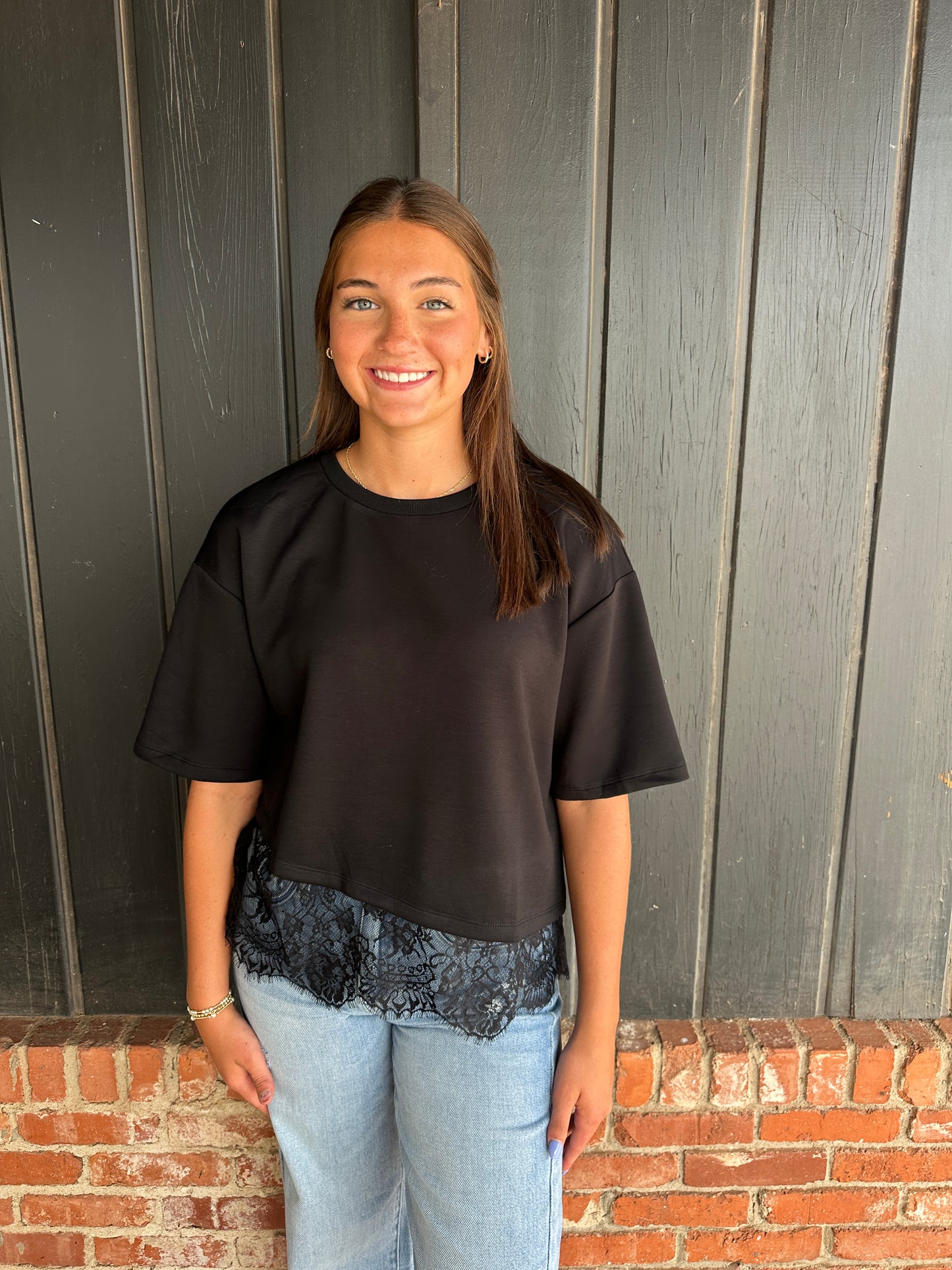 Black short sleeve lace hem detail