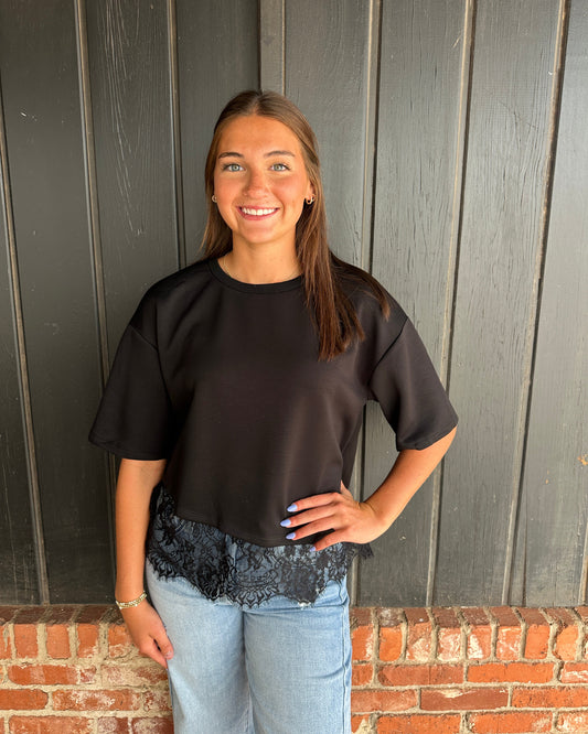 Black short sleeve lace hem detail
