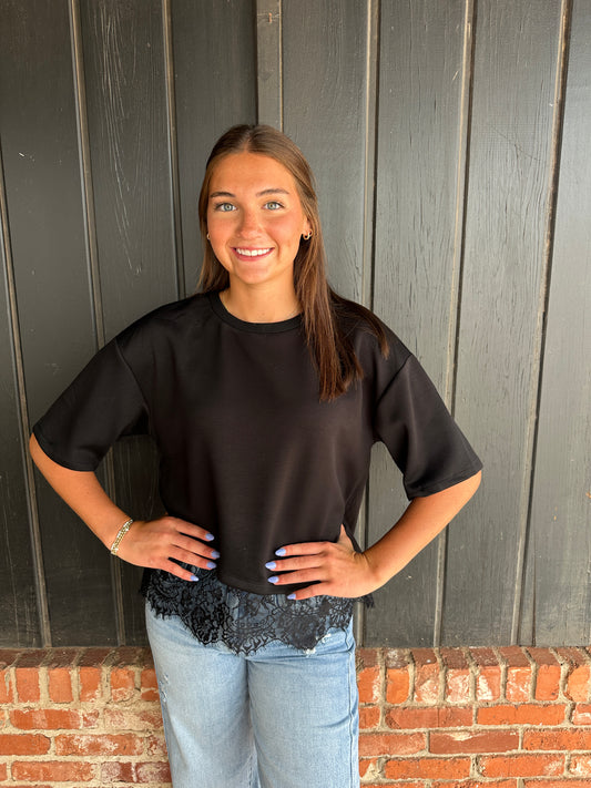 Black short sleeve lace hem detail
