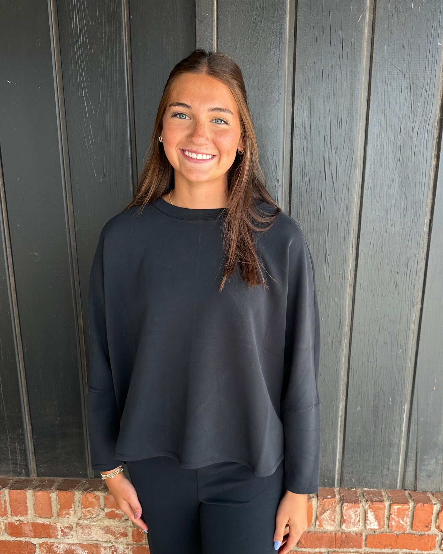 Black Sofie Soft Relaxed Dolman Sleeve Crew Neck Top