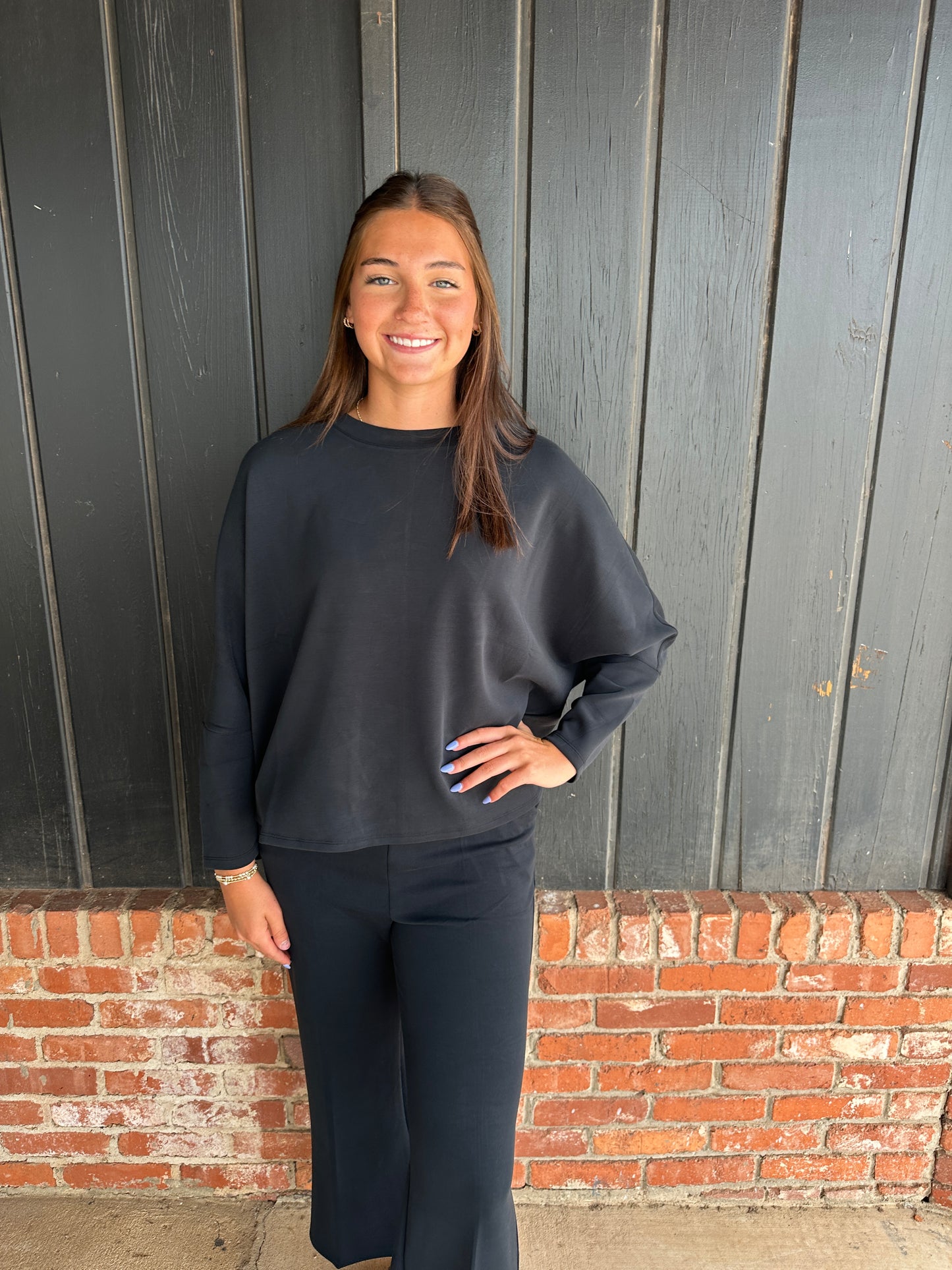 Black Sofie Soft Relaxed Dolman Sleeve Crew Neck Top