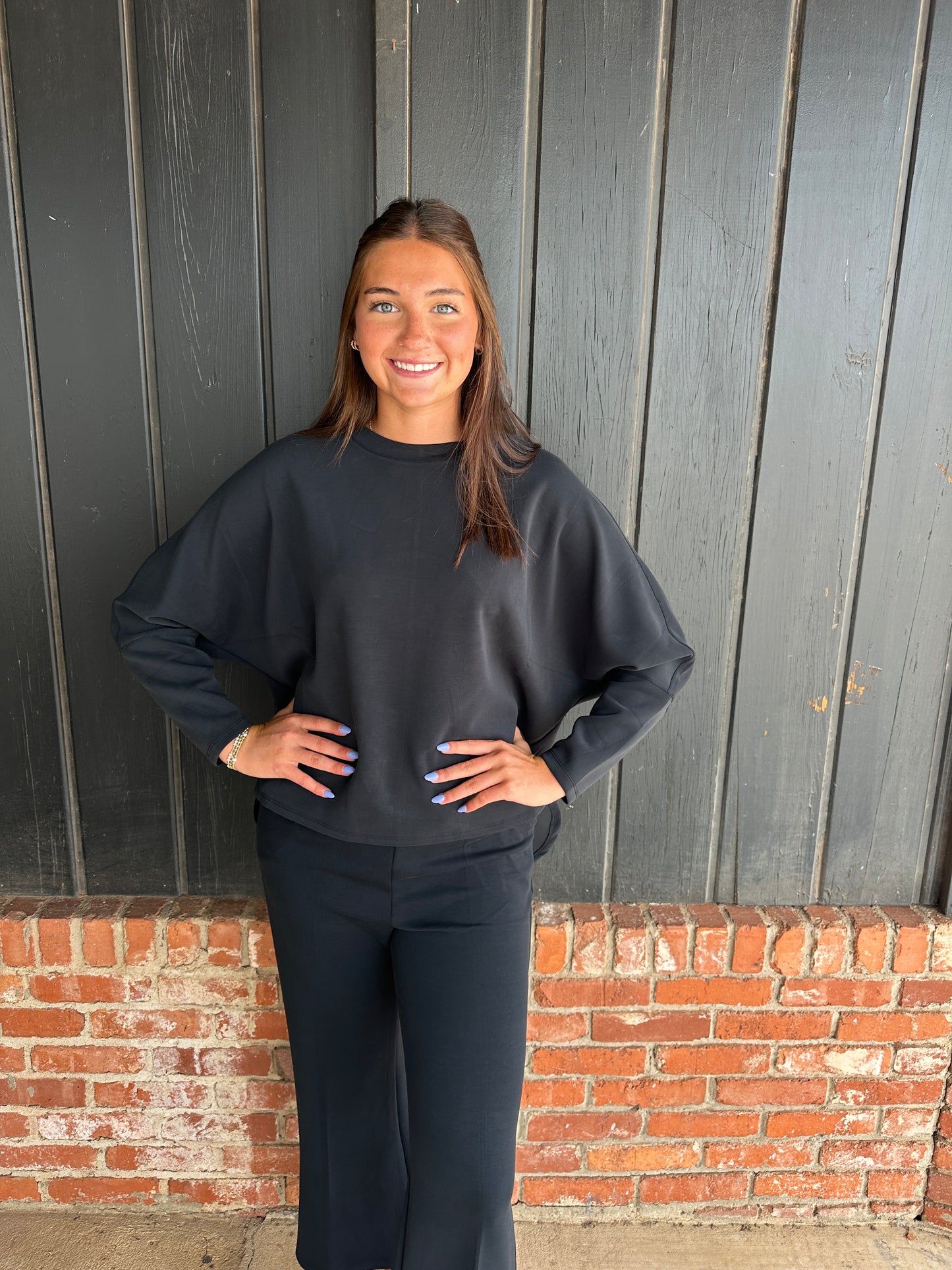 Black Sofie Soft Relaxed Dolman Sleeve Crew Neck Top