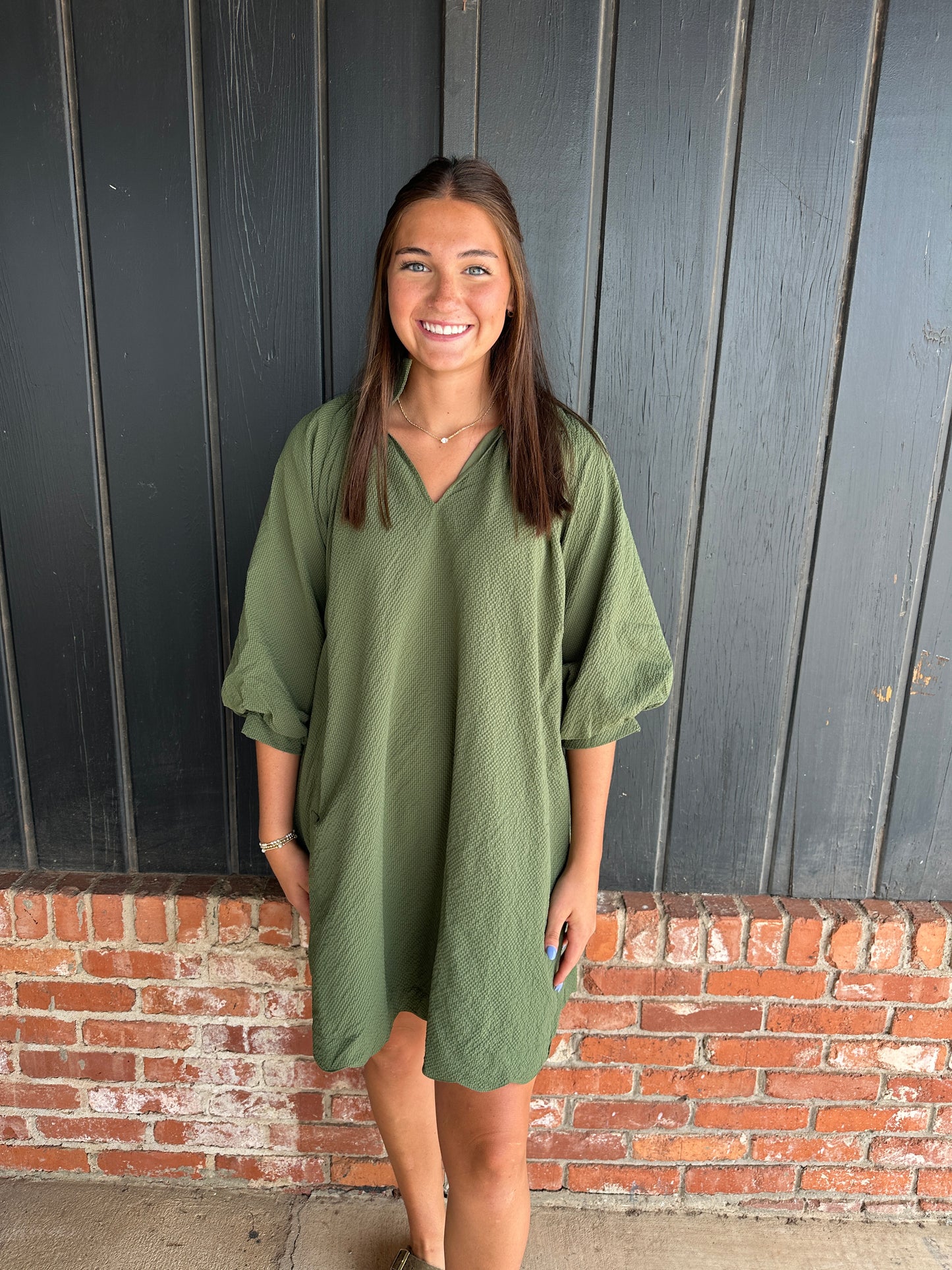 Olive Split V-Neck Dress with Puff Sleeves