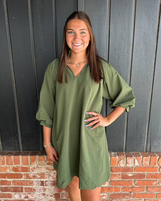 Olive Split V-Neck Dress with Puff Sleeves
