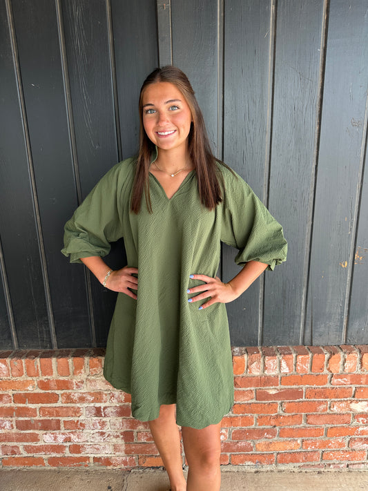 Olive Split V-Neck Dress with Puff Sleeves