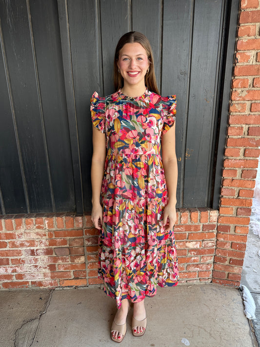 The Reagan ruffled cap sleeve midi dress