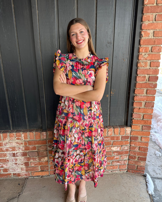 The Reagan ruffled cap sleeve midi dress