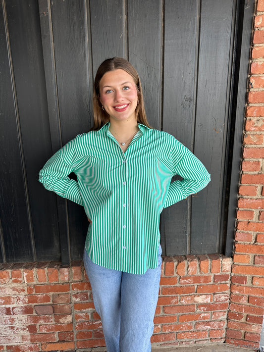 Green Striped Button-Up Poplin Shirt