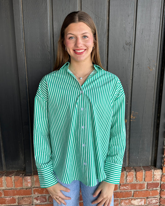 Green Striped Button-Up Poplin Shirt