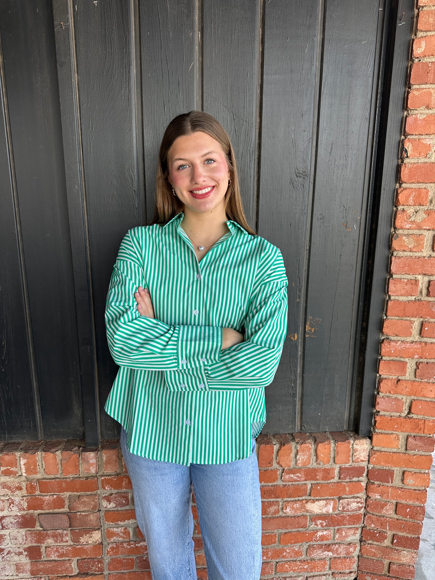 Green Striped Button-Up Poplin Shirt