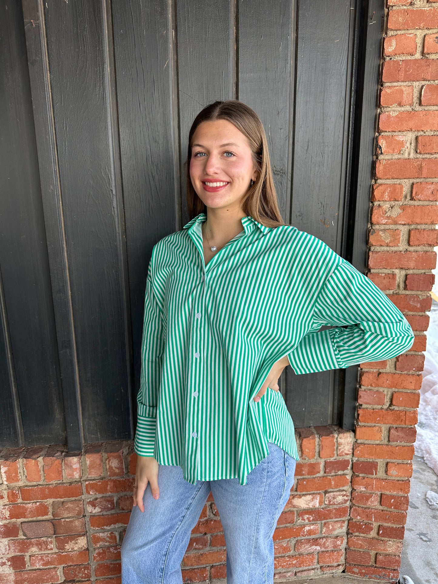 Green Striped Button-Up Poplin Shirt