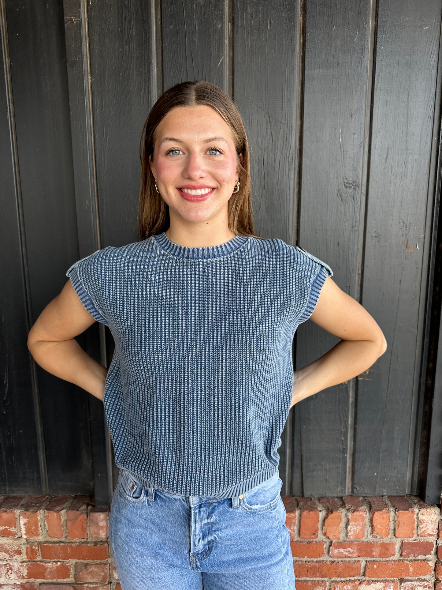 Washed Knit Short Tab Sleeve Pullover Sweater