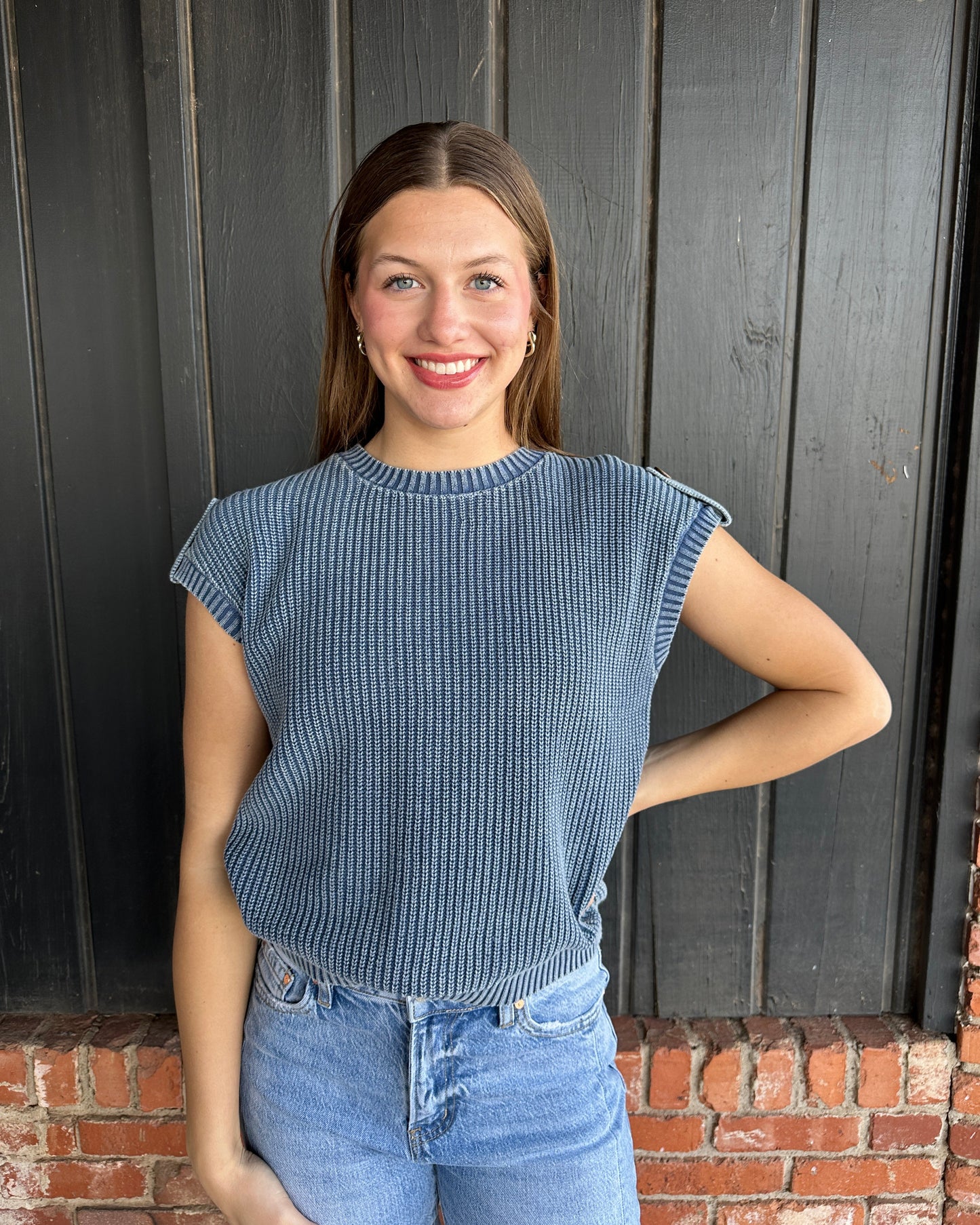Washed Knit Short Tab Sleeve Pullover Sweater