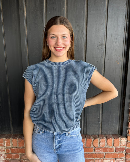 Washed Knit Short Tab Sleeve Pullover Sweater