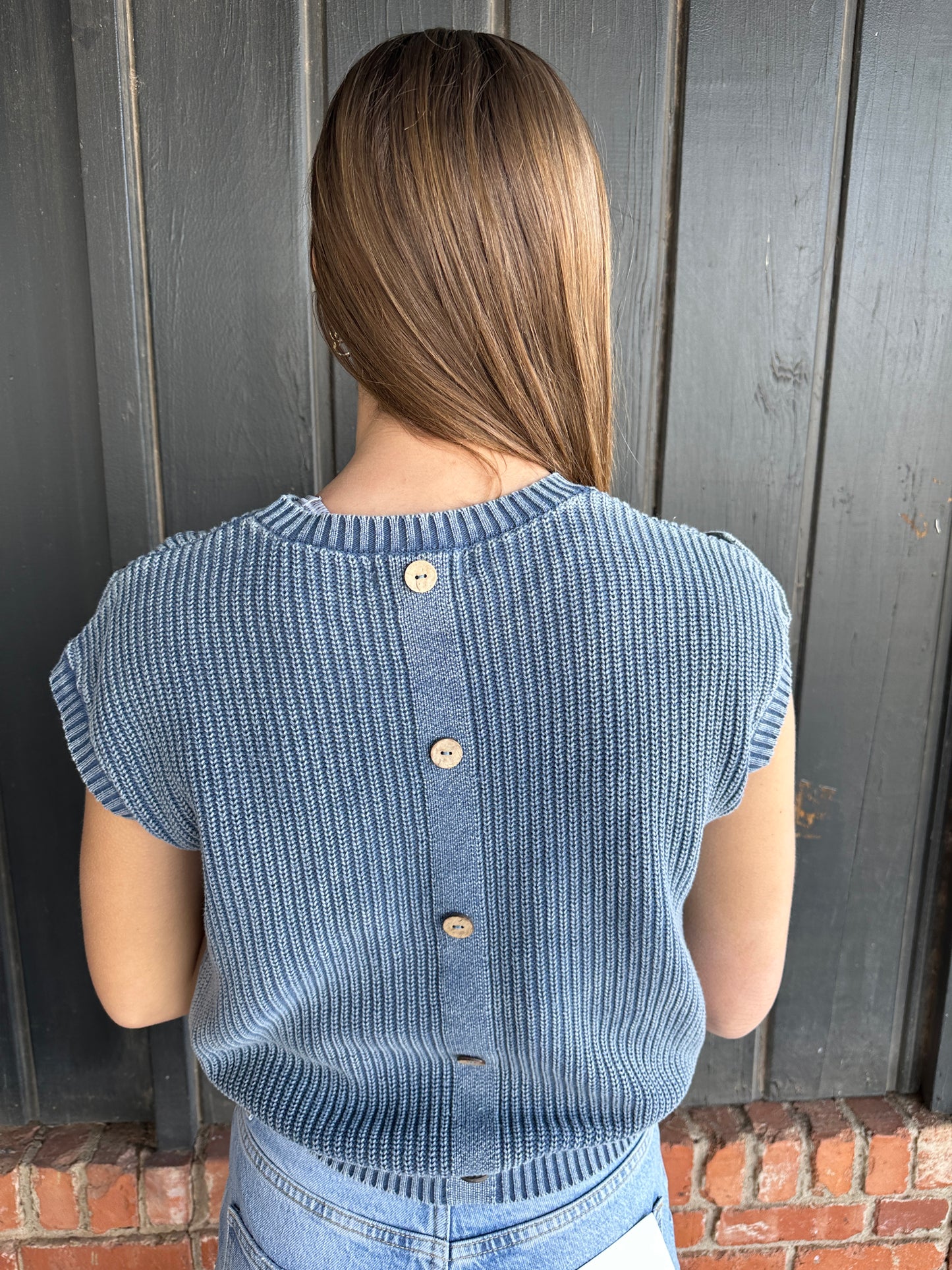 Washed Knit Short Tab Sleeve Pullover Sweater