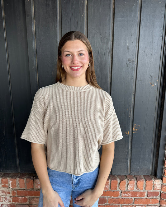 Light Khacki Washed Short Sleeve Boxy Knit Top