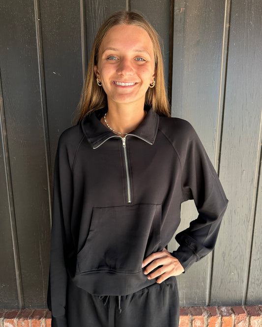 Black Scuba Half Zip-Up High Neck Collar Sweatshirt